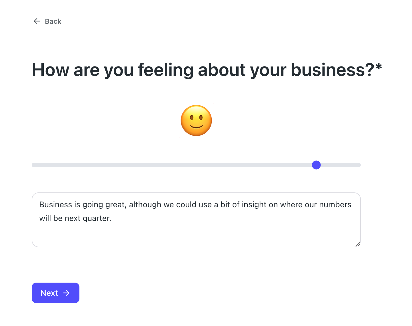 Brieff client check-in asking how the client feels about their business, with a sentiment slider and a written response