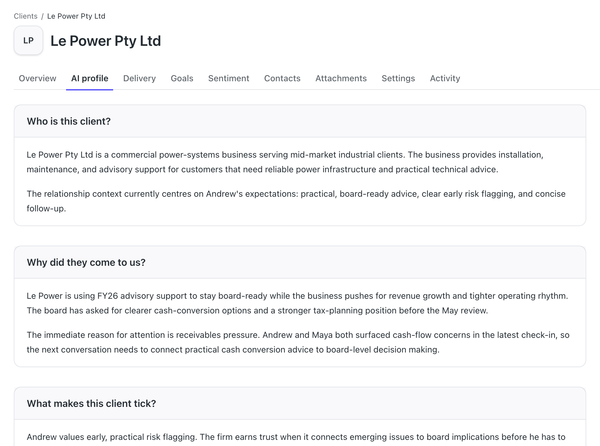 Brieff client context AI profile for Le Power Pty Ltd showing who the client is, why they came, and what makes them tick