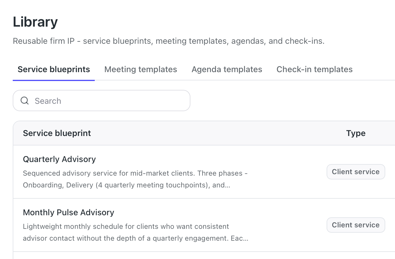 Brieff template library showing reusable service blueprints with type, phases and touchpoints