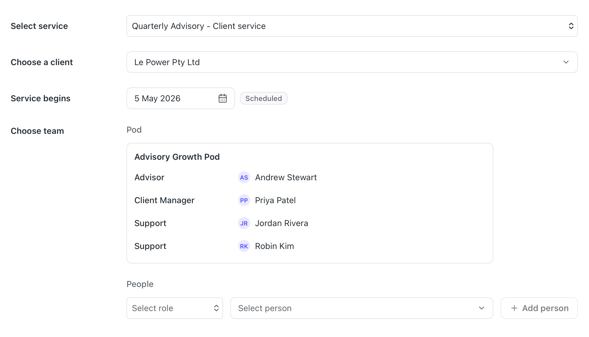 Brieff team setup showing service, client, start date and an Advisory Growth Pod with advisor, client manager and support roles